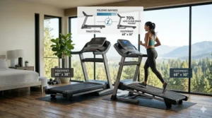 A side-by-side comparison illustration of a traditional treadmill versus a space-saving folding model.