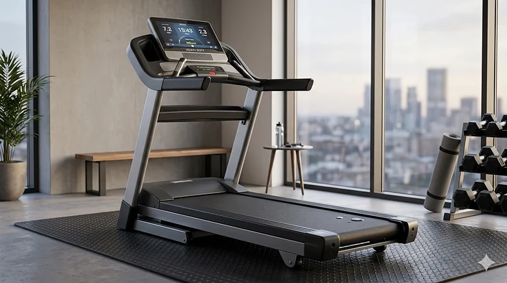 A high-performance heavy duty folding treadmill positioned in a modern home gym setting.