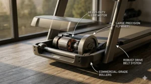 Exploded view of a 4.0 HP motor and large flywheel inside a non-folding treadmill shroud.