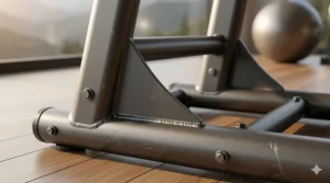 Close-up of a reinforced steel frame on a commercial grade home treadmill for maximum stability.