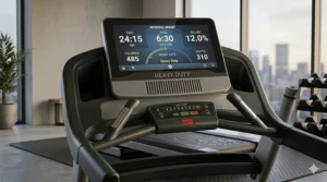 The digital interface and workout tracking screen of a professional-grade folding treadmill.
