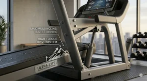 A side profile illustration showing the automatic incline capabilities of a sturdy folding treadmill.