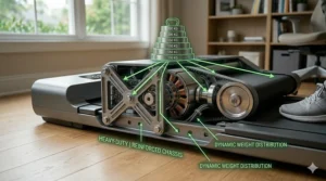 Illustration depicting the reinforced frame and high weight capacity of a heavy-duty under-desk treadmill.