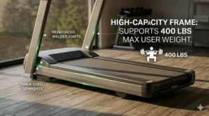 Technical illustration showing a reinforced non-folding treadmill frame supporting a 400 lbs weight capacity.