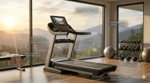 Illustration showing the footprint and dimensions of a commercial grade home treadmill in a standard room.