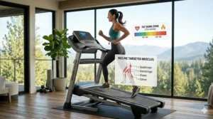 Illustration showing muscle groups targeted when using the incline feature on a folding treadmill.