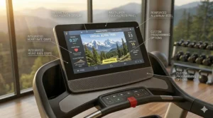 A large HD touchscreen console on a home treadmill showing interactive workout metrics and virtual trails.