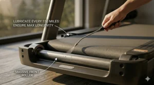 Close-up of a user lubricating the belt of a non-folding treadmill to ensure machine longevity.