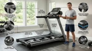 Detailed illustration of a non-folding treadmill's welded steel frame highlighting superior stability and durability.