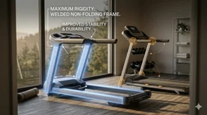 Photorealistic diagram contrasting a rigid non-folding frame against a standard folding treadmill.