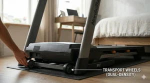 Close-up of transport wheels on a folding treadmill for easy movement in tight areas.