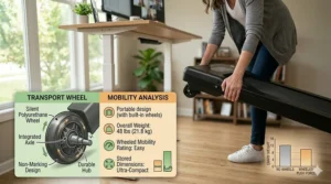 A person easily moving a portable quiet under desk treadmill using built-in transport wheels.