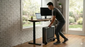 Close-up of transport wheels on a lightweight walking pad making it easier to move than a heavy treadmill.