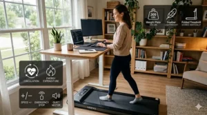 A chart comparing the whisper-quiet motor of an under desk treadmill to common office sounds like typing or conversation.