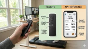 Hand holding a wireless remote control for a quiet under desk treadmill to adjust speed settings.