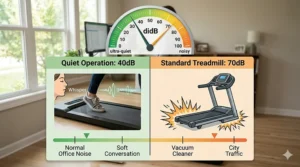 A comparison chart showing the low decibel levels of a quiet under desk treadmill compared to a normal conversation.