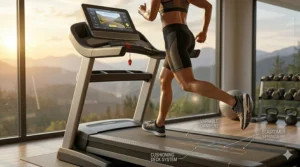 An athlete performing a high-intensity sprint on a stable, commercial grade home treadmill.