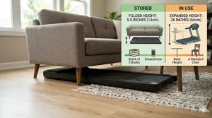 A compact and slim quiet under desk treadmill being stored horizontally under a living room sofa.