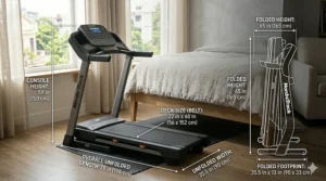 Diagram showing the compact footprint and dimensions of a folding treadmill for small spaces.