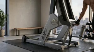 An illustration showing the easy-lift folding mechanism of a heavy duty treadmill for compact storage.
