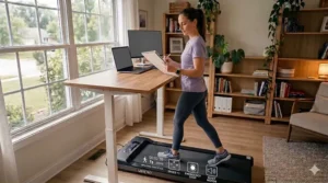 A diagram showing the correct posture and elbow height for an ergonomic under desk treadmill workstation.