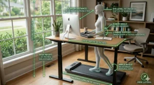 Diagram showing correct posture and elbow angles while walking on a treadmill at a standing desk.