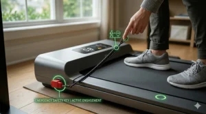 Graphic highlighting the emergency stop clip and safety features of a walking pad treadmill.