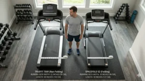 Top-down view comparing the wider running surface of a non-folding treadmill against a narrower folding deck.