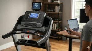 A comparison of a complex treadmill dashboard with incline buttons versus a simple walking pad remote control.