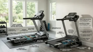 Diagram comparing the shock absorption and deck thickness of folding vs non-folding treadmill models.