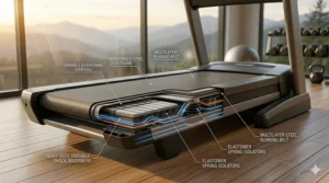 Diagram showing the advanced shock absorption system on a commercial grade home treadmill deck.
