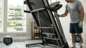 Illustration of a hydraulic lift assist feature on a folding treadmill for safe and easy storage.