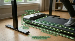 A blueprint-style illustration showing the length and width measurements of a standard office treadmill.