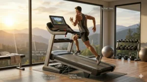 A commercial grade home treadmill adjusted to a steep incline setting for hill climb training.