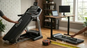 Side view of a treadmill set to a steep incline versus the flat, low-profile deck of a standard walking pad.