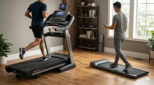 Illustration showing a person running at high speed on a treadmill compared to a person walking at a slow pace on a walking pad.