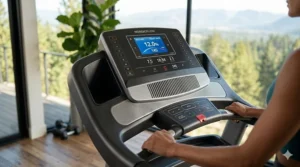 Close-up illustration of a digital console on a folding treadmill showing heart rate and incline settings.