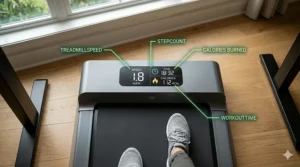 Illustration of a floor-level LED display tracking steps, calories, and speed on an office treadmill.