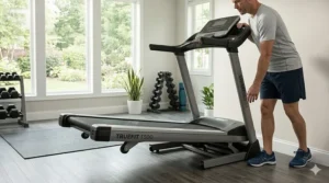 Illustration of a user easily moving a lightweight folding treadmill using built-in transport wheels.