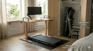 A folding treadmill without handrails used as an under-desk walking pad in a small workspace.