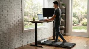 A walking pad positioned under a standing desk in a home office for low-impact exercise while working.