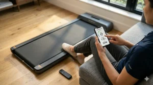 A detailed photorealistic close-up of a person sitting and holding a smartphone, which is connected via an app to control the sleek walking pad treadmill visible in the background, set in a modern home office with natural light.