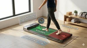 An intelligent 4K illustrative diagram showing the dynamic interaction of a user's feet on the walking pad treadmill to control speed via embedded weight sensors, with sleek infographic overlays.