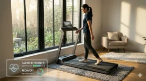 A high-detail photorealistic 4K illustrative image showing a woman walking on the walking pad treadmill in a peaceful living room, with transparent overlays highlighting cardio efficiency and recovery metrics.