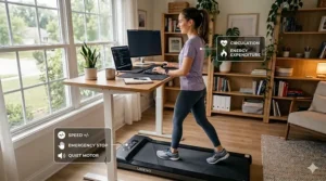 An infographic highlighting the calories burned and improved circulation when using an under desk treadmill during the workday.