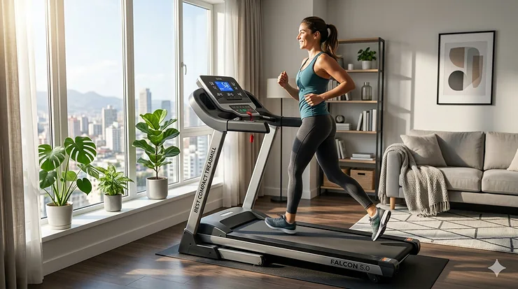 A high-quality featured image of the best compact treadmill for small apartments, showing a sleek foldable design in a modern living room.