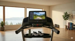 A close-up view of the Bowflex Treadmill 22 console, showcasing its impressive 22-inch HD touchscreen, integrated speakers, and diverse workout programs.