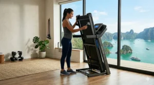 Space-saving compact treadmill with incline folded vertically against a wall.