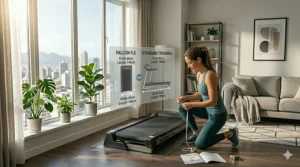 Infographic showing the length and width dimensions of a top-rated compact treadmill compared to a standard model.