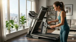 Illustration showing the 180-degree folding mechanism of a best-in-class compact treadmill for easy storage.